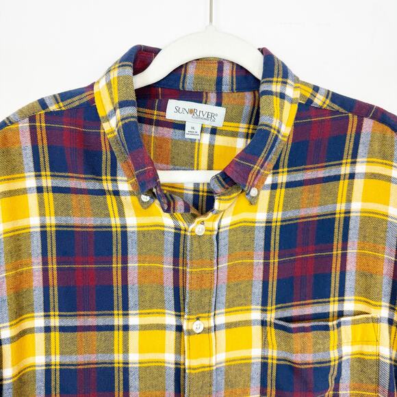 Sun River Men's XL Long Sleeve Navy & Yellow Plaid Flannel Button Down Shirt - Picture 2 of 11